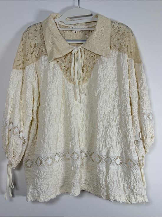 POL Tops - POL Cream Lace Textured Peasant Blouse Tie Neck Boho Cottagecore Size S